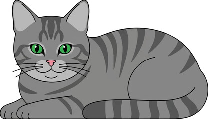 A gray tabby cat with bright green eyes and pink nose reclines peacefully