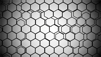 A grayscale abstract background featuring a dense, overlapping pattern of hexagons with a radial gradient