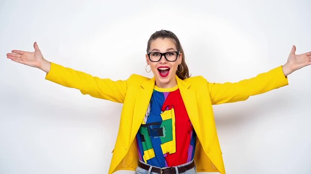 白背景のスタジオで撮影された、カラフルでモダンな衣装を着た女性の驚きのリアクション。
黒縁メガネと鮮やかな配色が、視覚的に強い印象を与えます。
均一で明るい照明により、表情や色彩がはっきりと表現された映像素材。