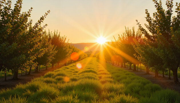 Golden Sunrise Over Orchard Fields