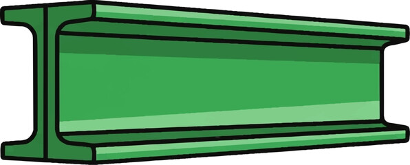 A green I-beam made of metal, with a uniform, smooth surface, viewed from an angle