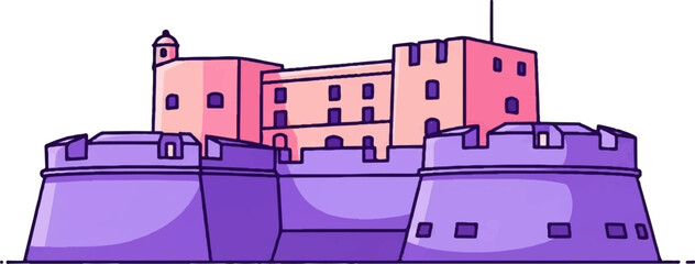 A cartoonish drawing of a castle with purple walls and pink towers © dhea