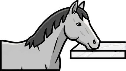 A cartoonish horse with gray fur and a black mane drinks from a white trough © dhea