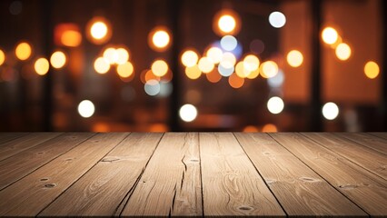 Rustic wooden tabletop surface stands ready for product display against a warm background of soft glowing bokeh city lights