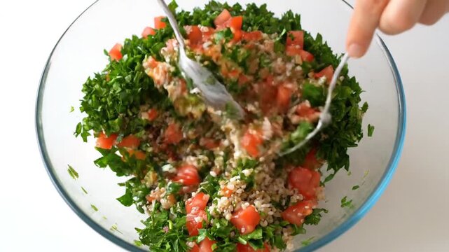 Preparing Fresh Tabbouleh Salad with Parsley Tomatoes and Bulgur Wheat in Glass Bowl on White Tabletop Culinary
