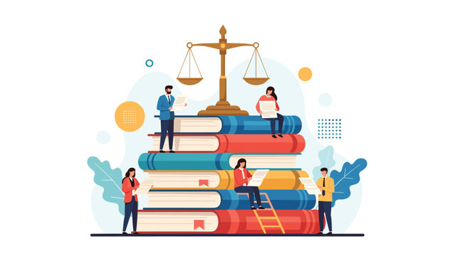 Tiny people studying law and legal documents while sitting on a giant stack of books with scales of justice on top.