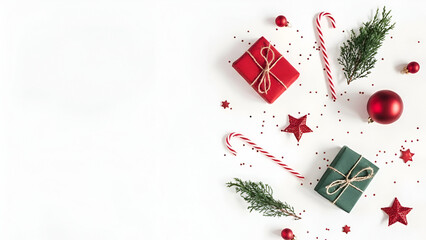Festive holiday flat lay arrangement featuring wrapped gifts candy canes ornaments and cedar sprigs on white