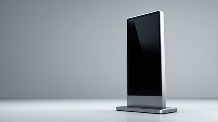 3D render of a tall digital signage panel on a base in a minimal studio
