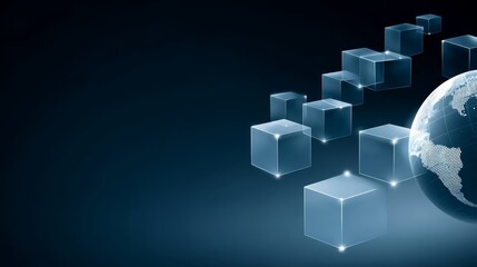 Futuristic digital globe with interconnected glowing cubes and virtual nodes orbiting in a dark cosmic background, emphasizing innovation and technology