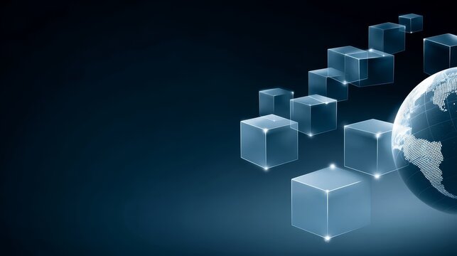 Futuristic digital globe with interconnected glowing cubes and virtual nodes orbiting in a dark cosmic background, emphasizing innovation and technology - Powered by Adobe