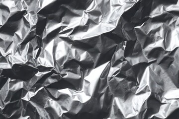 Abstract flat lay of wrinkled aluminum foil on a neutral surface with high-contrast shine