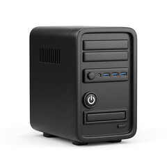 Obraz premium Sleek Black Desktop Computer Tower PC Case Isolated. Modern Digital Technology Hardware for Home Office, Gaming Setup, and High-Performance Computing Workstations