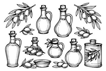 Hand drawn line art olive oil set featuring bottles, branches, and a bowl for culinary design