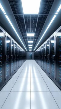 Interior view of a data center server room with rows of server racks and white tiled floor. Modern server technology for cloud and data storage.