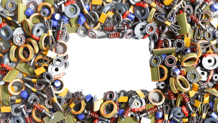 Parts Arrangement with Empty Space: An assortment of various mechanical components, meticulously arranged in a dynamic pattern, creates a frame around a central, empty space.