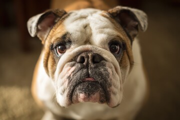 Sweet bulldog face portrait with wrinkled features and cozy backdrop