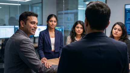 Indian corporate manager leading strategy meeting with diverse team in modern office