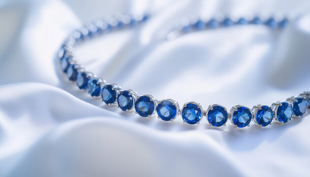 Close-up of blue sapphire bracelet in white gold, sparkling under sunlight and highlighting precise gemstone facets