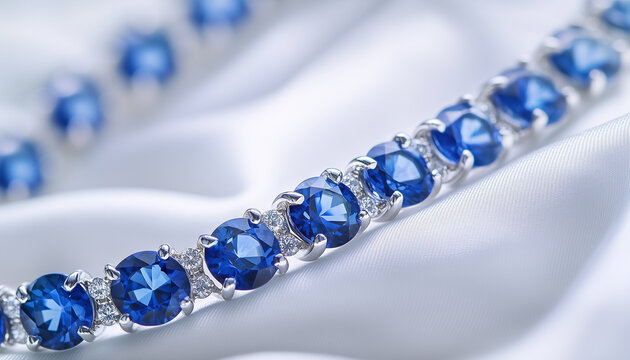 Close-up of blue sapphire bracelet in white gold, sparkling under sunlight and highlighting precise gemstone facets