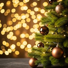 Close up of festive green christmas tree branches decorated with shiny bronze ornaments and warm golden bokeh lights