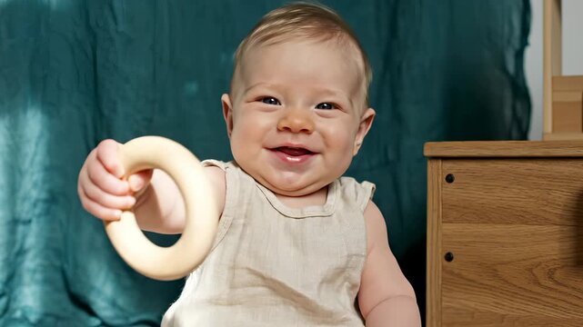 Happy baby holds wooden teething ring while sitting near parent. Smiling infant plays with teether toy. Baby shows joy holding wooden ring. Happy child with teether smiles. Infant enjoys toy ring.
