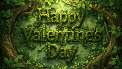 Forest tree leaves and vines shaping tHappy Valentine&rsquo;s Day green natural typography art.