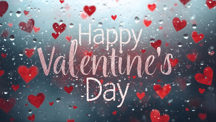 Glass frosted window effect with raindrops, behind it blurred red hearts, Happy Valentine&rsquo;s Day
