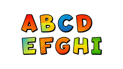 Pop art comic alphabet letters A to I with colorful halftone dots isolated on transparent background. Playful typography set for posters banners and creative designs.