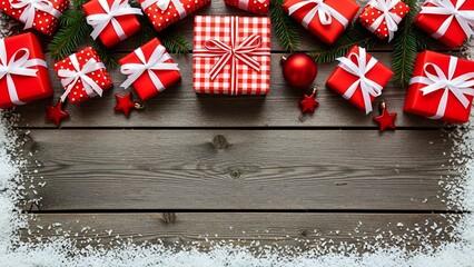 Assortment of beautifully wrapped red christmas presents and decorations resting on rustic wood background