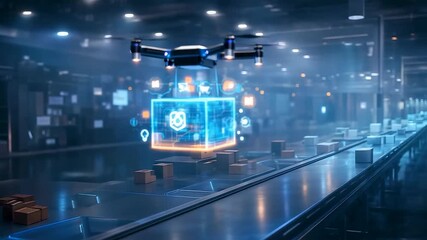 Autonomous drone inspecting logistics conveyor system inside smart warehouse with digital tracking display and advanced automation operations - Powered by Adobe