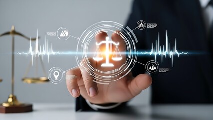 Lawyer interacting with digital law scale on futuristic interface