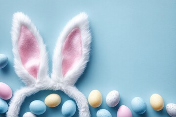 Top-down Easter flat lay with bunny ears and pastel eggs on a pale blue background with central text space