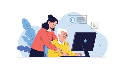 Obraz premium Young woman helping an elderly grandmother learn how to use a computer, showing patience, care, and intergenerational connection.