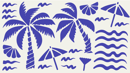 Tropical nature scene with palm trees, ocean waves, and beach umbrellas in a serene landscape