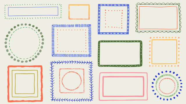 Colorful vintage floral frame borders, hand drawn, rendered, decorative empty picture frames