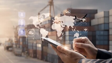 Global logistics coordination using tablet at cargo port with world map overlay supporting supply chain tracking and international trade management - Powered by Adobe