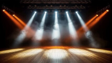Empty Wooden Stage with Five Bright Spotlights and Ambient Smoke, Background for Theater Performance or Award Ceremony.