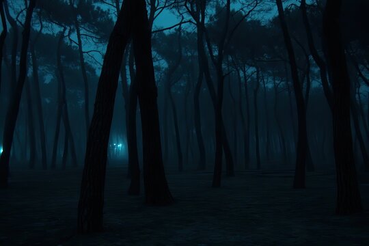 Eerie, foggy forest at night; tall trees shrouded in mystic blue haze - Powered by Adobe