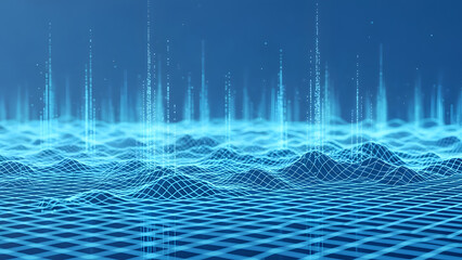 Futuristic digital landscape with glowing blue grid lines and data points