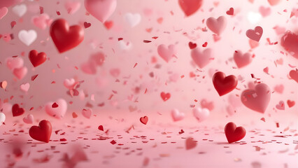 Valentine&rsquo;s Day background with floating 3D hearts and confetti, 