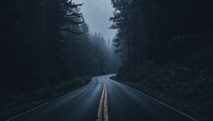 Cinematic Shot of Lonely Drive Through Mist Covered Forest Road