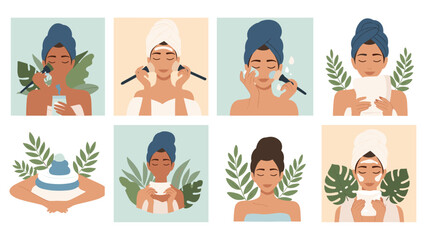 A collection of illustrations showing a woman's daily skincare and beauty routine, including cleansing, masks, and makeup.