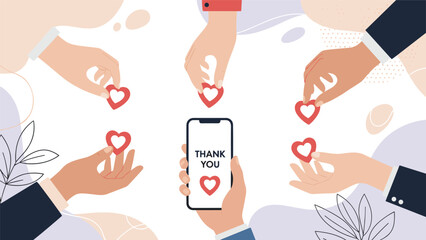 Many hands giving heart-shaped likes to a smartphone displaying a thank you message, symbolizing social media appreciation.