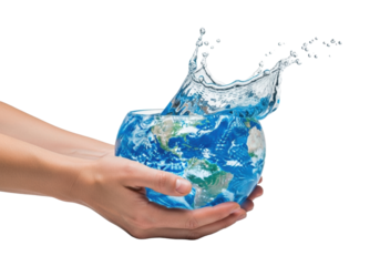 Adult caucasian hands cradle a transparent earth-shaped glass bowl with vibrant blue water and dynamic splashes, against clean light grey studio background. Concept of global environmental protection