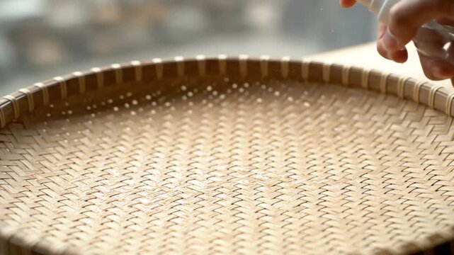 Spraying Water onto a Wicker Basket for Disinfection Against Sunlight Background for Cleaning and Sanitization in a