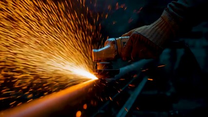 Industrial metal grinding process with intense sparks flying as worker shapes steel using power tool inside manufacturing workshop - Powered by Adobe