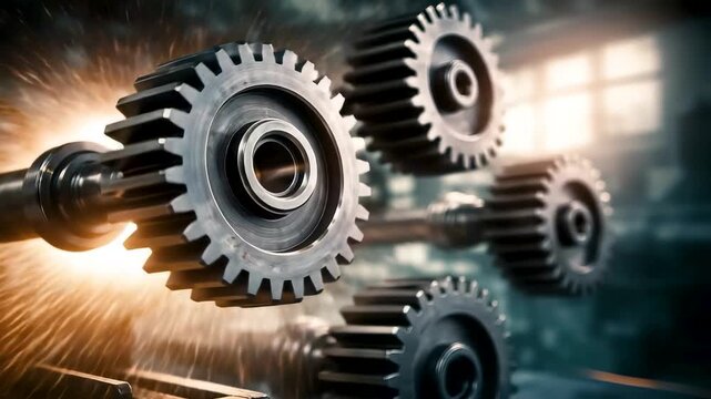 Interlocking industrial gears in motion inside mechanical system illustrating precision engineering, power transfer and advanced manufacturing technology