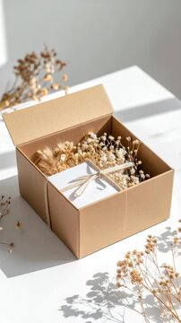 Craft gift box with natural dried flowers and tied card on white table, sunlight and shadow for elegant presents