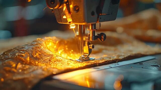 Close-up of sewing machine stitching golden fabric with intricate floral embroidery.