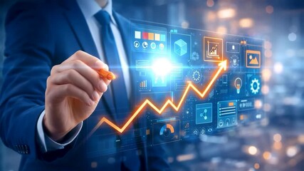 Business professional interacting with rising financial chart on digital interface showing data driven growth, market analysis and strategic performance - Powered by Adobe